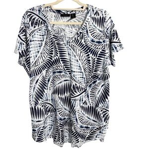 Tahari 100% Cotton Coastal Navy and White Leaf Print Short Sleeve Top Women’s 1X